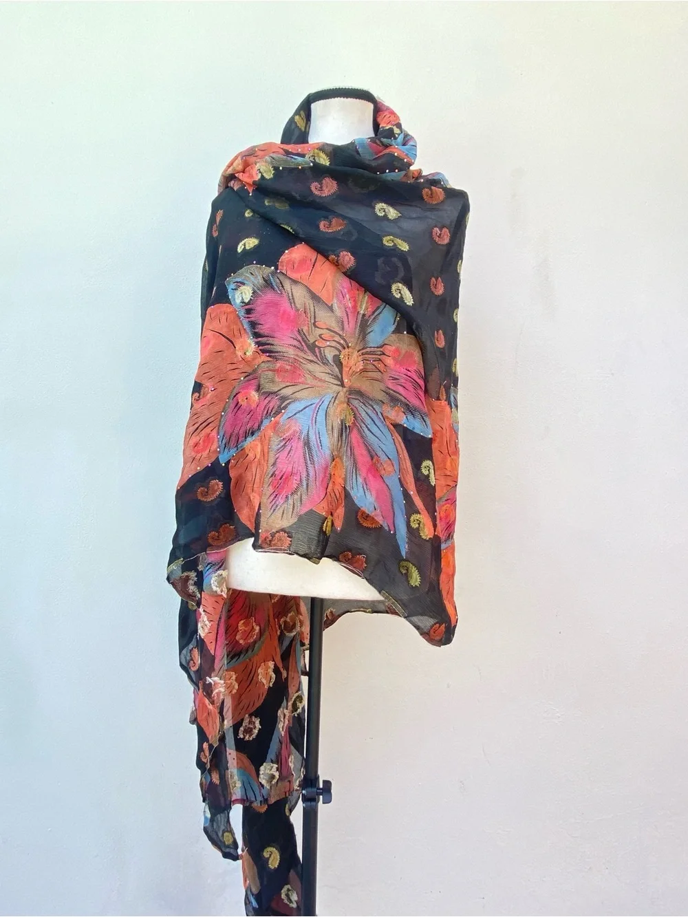 Whimsy 100% Silk Black Multicolor Floral Paisley Embroidered Rhinestone Shawl